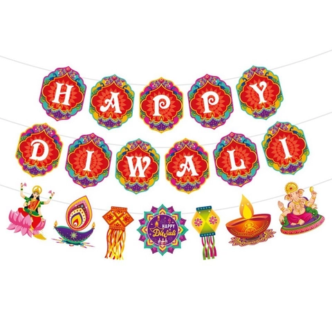 Happy Diwali Banner Papiergirlande Indisches Festival Party Dekorationen Ganesh Lakshmi Diyas Laterne Hängende Kulisse