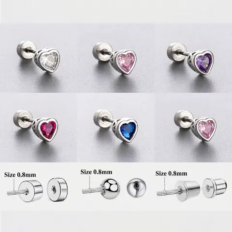 Heart Zircon Cartilage Stud Earring Titanium Steel Screw Back Flat Back Piercing Jewelry For Women