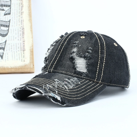Washed Denim Baseball Cap Distressed Ripped Cotton Adjustable Sun Hat Outdoor Vintage Style For Men Women
