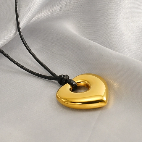 Collana Con Pendente A Cuore Cavo In Acciaio Inossidabile E Corda Di Cera Nera Gioiello Minimalista Per Donna