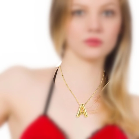 Bubble Initial Necklace Puffed Letter Pendant Stainless Steel Gold Plated Layered Paperclip Chain For Women