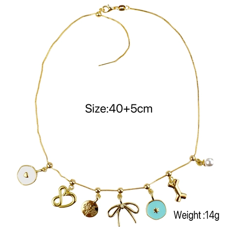 Multi Charm Necklace Bracelet Copper Gold Plated Enamel Bow Heart Dog Bone Faux Artificial Pearl Adjustable Jewelry For Women