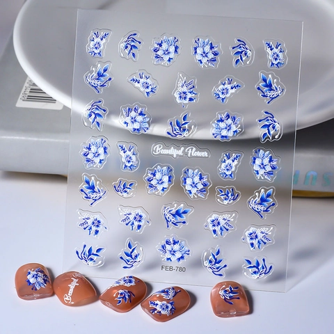 Autocollants Pour Ongles En Relief 5D Imperméables Autocollants Floraux Fleur Style Porcelaine Bleu Blanc Décor Doux Pour Femmes Filles