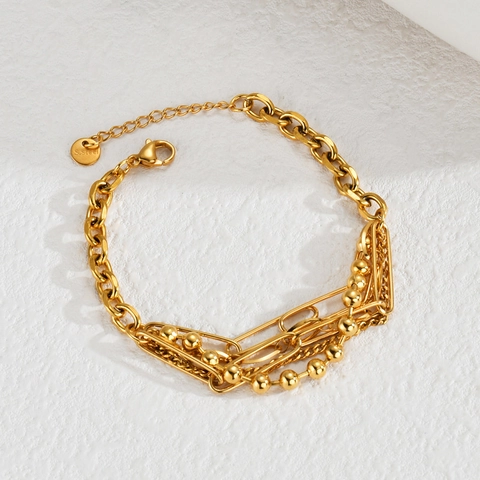 Stainless Steel 18K Gold Plated Layered Necklace And Bracelet Geometric Paperclip Ball Chain Minimalist Punk Style Jewelry Women
