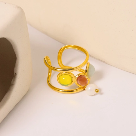 Stainless Steel Open Ring 18K Gold Plated Natural Artificial Pearl Multi-Color Oval Gemstone Adjustable Vintage Women