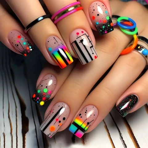 Rainbow Gradient Linee Geometriche Pois Press On Nails Medio Lungo Quadrato Unghie Finte Artificiali Per Donne Art Design