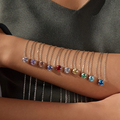 925 Sterling Silber Halskette Rundschliff Bunte Zirkonia Anhänger Solitär Minimalistischer Schmuck Für Damen Elegant