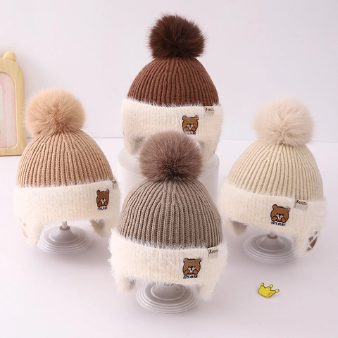 Cappello In Maglia Invernale Per Bambini Con Paraorecchie Acrilico Beanie Caldo Ricamo Orso Cartone Animato Pompon Ragazzi Ragazze