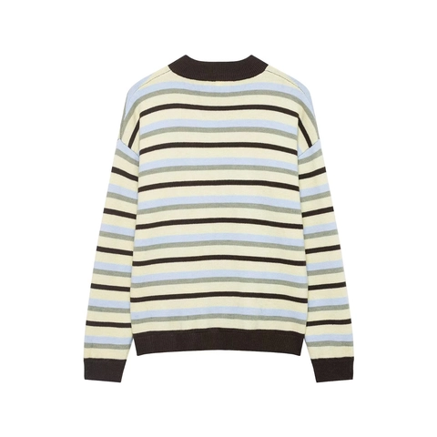 Cardigan In Maglia Donna Righe Collo Polo Manica Lunga Bottoni Maglione Casual