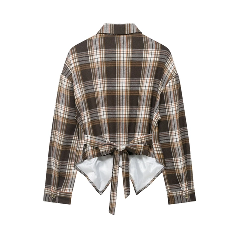 Chemisier À Carreaux Manches Longues Polyester Ourlet Asymétrique À Nouer Vintage Col Revers Chemise Femme Haut Casual