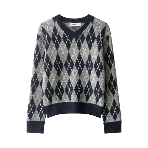 Suéter Argyle Mujer Cuello En V Manga Larga Punto Poliéster Vintage Estilo Preppy Casual Cálido Suave Jumper Tops