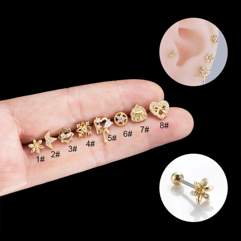 Stainless Steel Zircon Ear Cartilage Studs Flower Heart Star Small Screw Ball Back Body Piercing Jewelry
