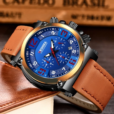 Montre Chronographe Homme Sport Étanche Lumineuse Quartz Bracelet En Cuir Véritable Boîtier Acier Inoxydable Luxe