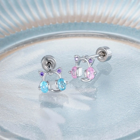 Cat Ear Headphones Cartilage Stud Earring Titanium Steel Copper Zirconia Piercing Jewelry Screw Back Cute Style For Women