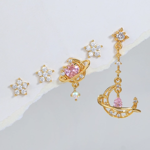 Set Orecchini in Rame a Stella Luna Pianeta Cuore Con Perno in Argento Sterling 925 Zirconia Rosa Bianco Donna Gioielli Moda