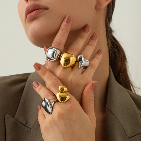 Massiver Edelstahl Geometrischer Offener Ring Für Damen 18K Vergoldet Silber Unregelmäßige Flüssige Form Mode Finger Schmuck