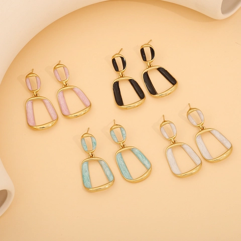 Geometric Stainless Steel Drop Earrings With Enamel Marble Texture Elegant Fashion Jewelry For Women