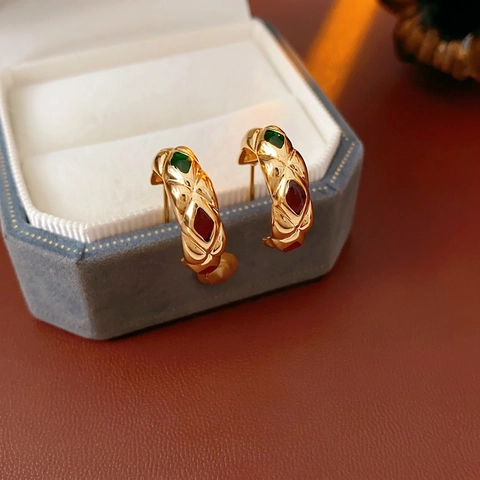 Vintage Quilted C Hoop Earrings With Silver Earring Post Gold Plated Red Green Enamel Retro Luxury Jewelry For Women