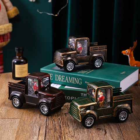 Vintage Weihnachts LKW Schneekugel LED Licht Ornament Weihnachtsmann Desktop Feiertag Dekoration Kunststoff Harz