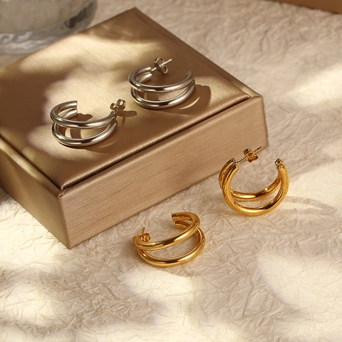 Pendientes Aro Dobles Gruesos Acero Inoxidable Chapado Oro 18K Hebillas Oreja Redondas Geométricas Para Mujer Joyas Moda