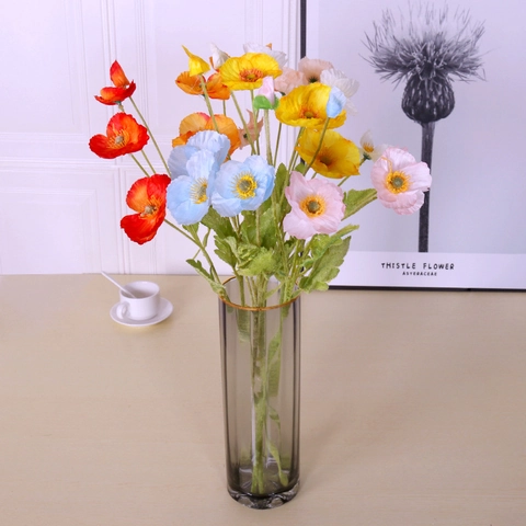 Kunstmatige Klaproos Satijnn Bloemen Realistische Lange Steel Gevlokt Voor Bruiloft Decoratie Fotografie Rekwisieten