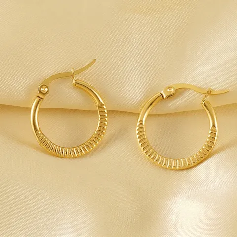 Hoop Earrings 18K Gold Plated Titanium Steel Ribbed Vertical Texture Round Geometric Minimalist Jewelry For Women