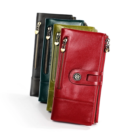 Damen Vintage Echtleder Lange Brieftasche RFID Schutz Blumen Schnalle Herz Reißverschluss Kartenfächer Clutch