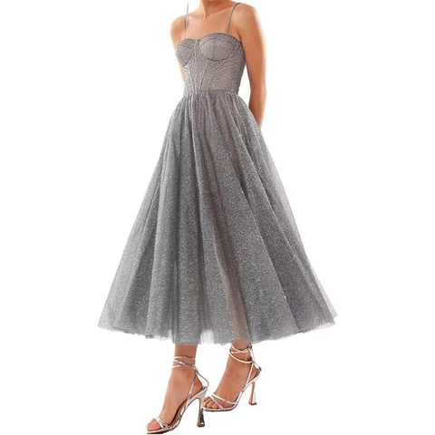 Abito Midi Di Paillettes Con Spalline Sottili Corpino A Corsetto Linea A Formale Festa Serale Ballo Per Donna