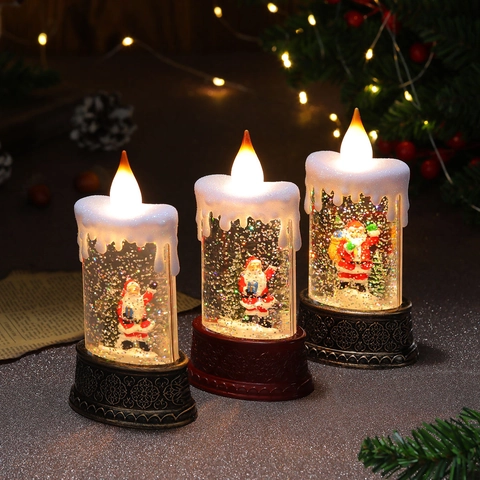 Lanterne Bougie LED De Noël Injection Eau Père Noël Bonhomme Neige Effet Boule Neige Pailletée Décoration Table Vintage Décor