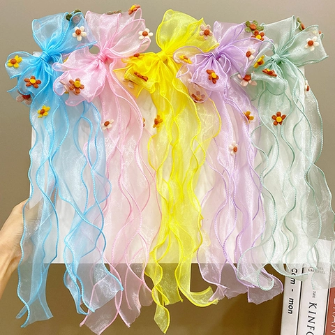 Nœud Dans Les Cheveux En Organza Pour Enfants Avec Longs Rubans Et Fleurs En Feutre Pince À Cheveux Princesse
