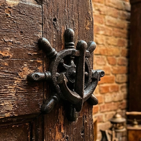 Llamador De Puerta De Hierro Fundido Vintage Diseño De Ancla Y Timón Náutico Bronce Antiguo Decoración Exterior