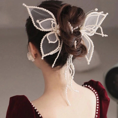 Fermagli per Capelli a Farfalla da Sposa Fatti a Mano Con Perle Artificiali e Nappe in Rete Rossa Eleganti Accessori Capelli Matrimonio Donna