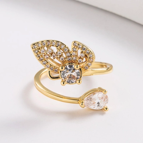 Butterfly Open Ring Copper Gold Plated With Cubic Zirconia Adjustable Fashion Elegant Geometric Jewelry For Women
