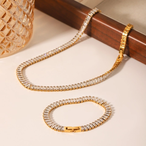 Collier Et Bracelet De Tennis Zircon Taille Baguette Acier Inoxydable Doré Chaîne De Clavicule Bijoux Pour Femmes