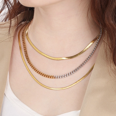 Collane A Strati In Acciaio Inossidabile Placcato Oro 18K Bicolore Con Maglia Cubana E Catena A Serpente Per Donna