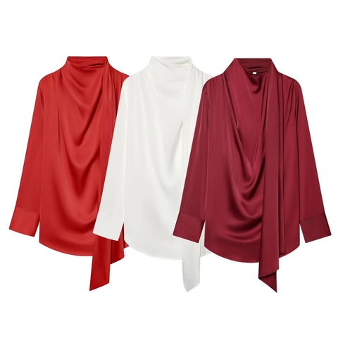 Blusa In Raso Con Scollo A Cappuccio Manica Lunga Fiocco Elegante Tinta Unita Camicia Da Ufficio Donna
