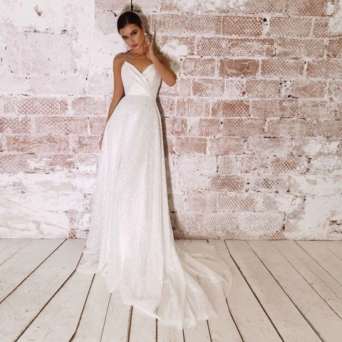 Sequin Wedding Dress Deep V Neck Backless Spaghetti Straps Court Train Ivory Bridal Gown Sparkling Elegant