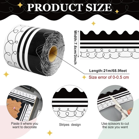 Bulletin Board Borders Black And White Scalloped Trim Stickers Coated Paper Wave Pattern Classroom Blackboard Decoration Roll