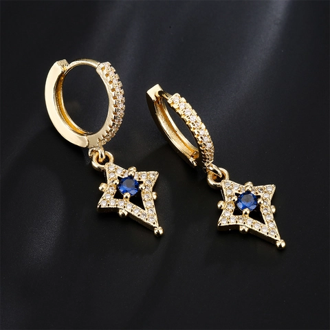 Orecchini Huggie In Rame Placcato Oro Con Pendente A Stella Zircone Blu Gioielli Geometrici Per Donna Stile Elegante