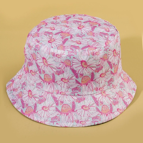Bucket Hat Polyester Daisy Print Reversible Sun Protection Summer Floral Outdoor Travel Flat Top Cap For Women
