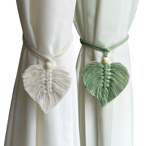 Curtain Tiebacks Hand Woven Macrame Cotton Rope Leaf Shaped Wood Bead Boho Style Window Decorative Holder
