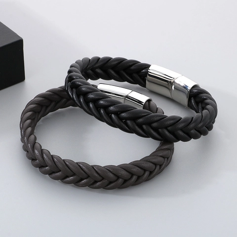 Gevlochten Leren Armband Met Roestvrijstalen Magneetsluiting Street Punk Minimalistisch Sieraden Voor Heren