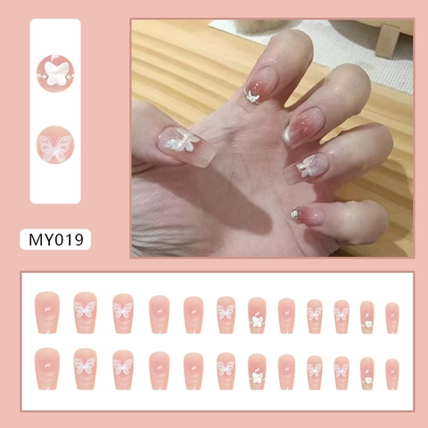 Press On Nägel Katzenauge Farbverlauf Blush Coffin Form Dreidimensional Schmetterling Künstliche Perle ABS Kunststoff Lang Französisch Süß