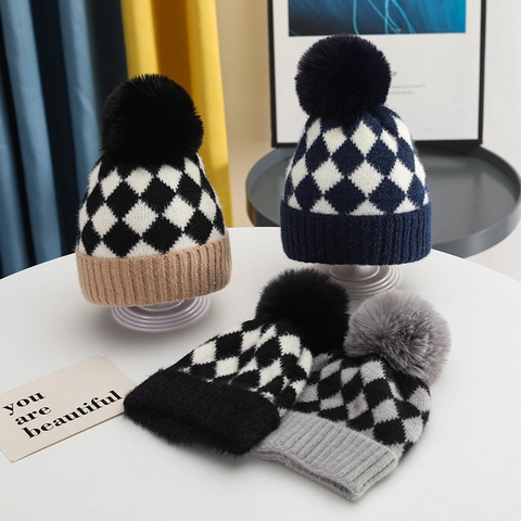 Bonnet En Tricot Pour Bébé Acrylique Chaud Hiver Pompon Motif Argyle Damier Revers Coiffure Pour Nourrisson