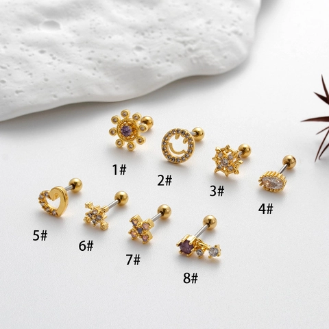Stainless Steel Zircon Cartilage Stud Earrings Heart Flower Smile Face Piercing Jewelry Fashion Accessories For Women