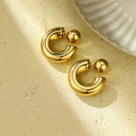 Modieuze Minimalistische Roestvrijstalen C-vormige Hoepel Oorbellen Voor Dames 18K Vergulde Holle Buis Bol Oorknopjes Geometrische Sieraden