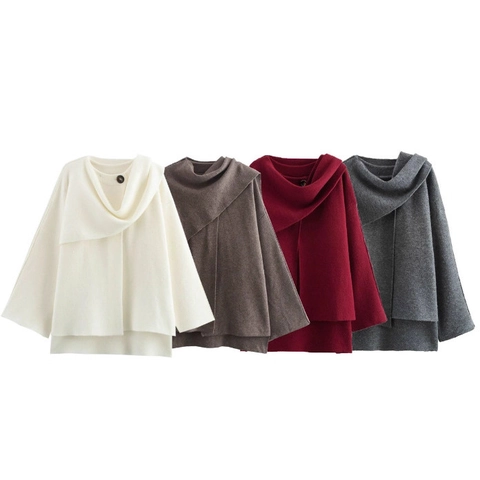 Poncho In Maglia Da Donna Mantella Cardigan Oversize Orlo Asimmetrico Bottone Singolo Collo Sciarpa