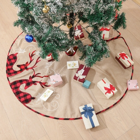 Christmas Tree Skirt Burlap Reindeer Buffalo Plaid Pattern Snowflake Embroidery Rustic Holiday Xmas Party Home Decoration