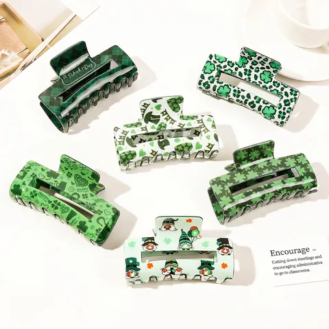 St Patricks Day Haarklammern Grüne Kleeblatt Karo Acryl Rutschfeste Haargreifer Shark Barrettes Für Frauen
