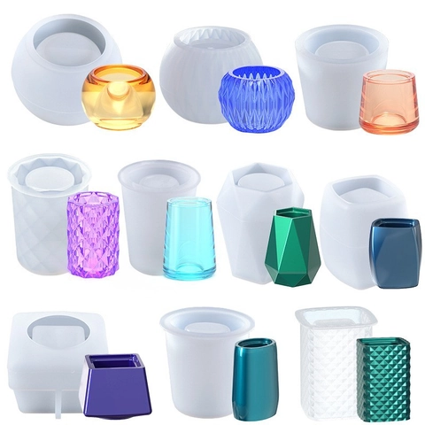 3D Geometrische Siliconen Mal Voor DIY Hars Gieten Pennenhouder Lotion Fles Basis Bloempot Facet Getextureerd Gips Gereedschap